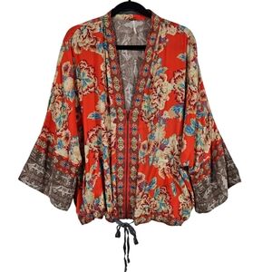 Free People Red Floral Tie-Waist Kimono Jacket Oversized M/L